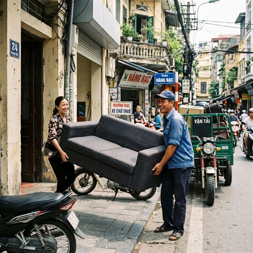 Tài xế xe ba gác nhiệt tình hỗ trợ khách hàng bốc xếp sofa đồ đạc cồng kềnh