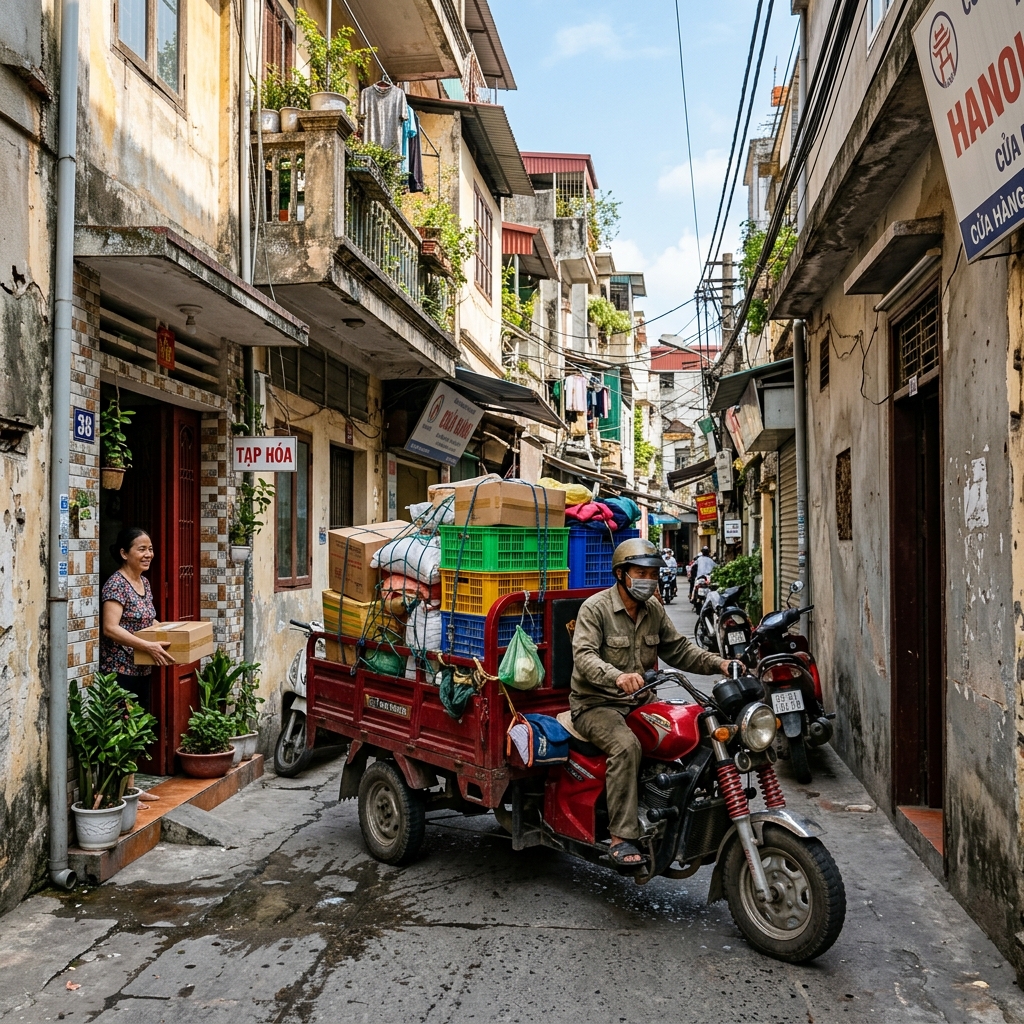 Xe ba bánh lách ngõ hẻm giao hàng Xe ba bánh lách ngõ hẻm giao hàng