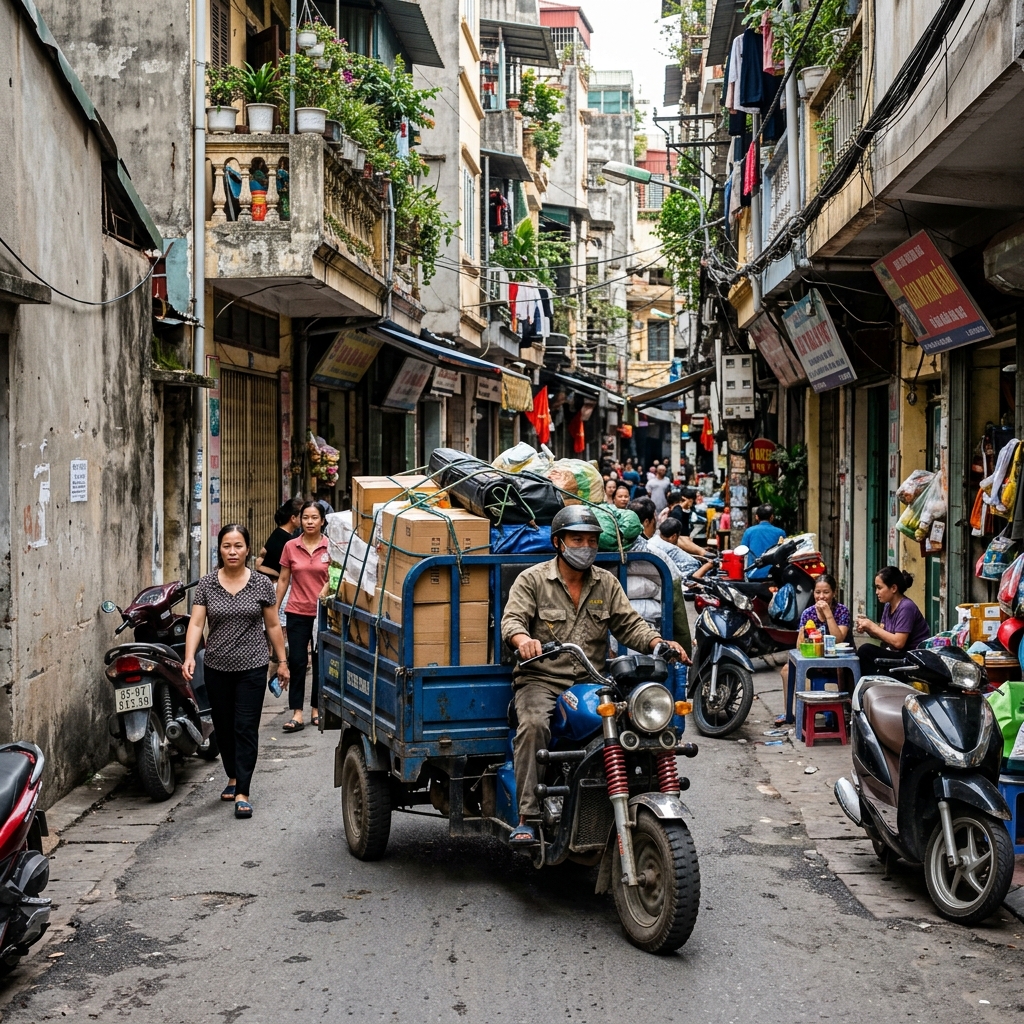 Xe ba gác luồn lách ngõ nhỏ